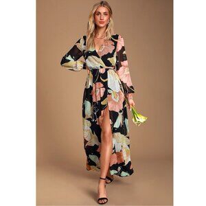 Lulus Wondrous Water Lilies Black Floral Print Maxi Dress Size Small Whimsigoth